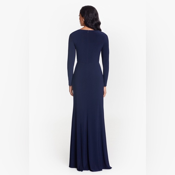 Betsy & Adam Elle Women 8 Long Sleeve Maxi Dress Gown Navy Blue Side Slit Ruffle - Picture 3 of 12